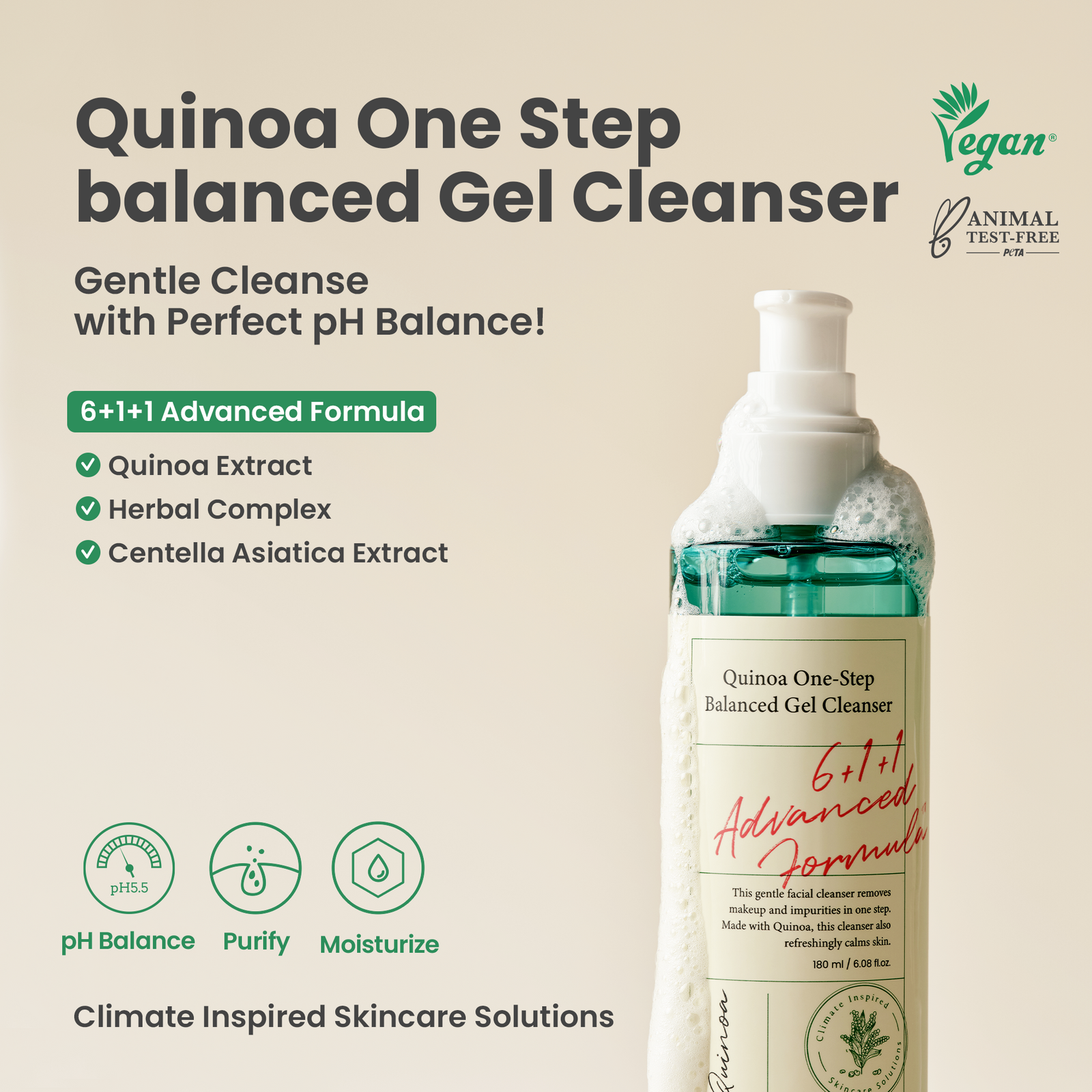 piyonna Quinoa One-Step Balanced Gel Cleanser 180ml Soins visage Démaquillage Mousse nettoyante