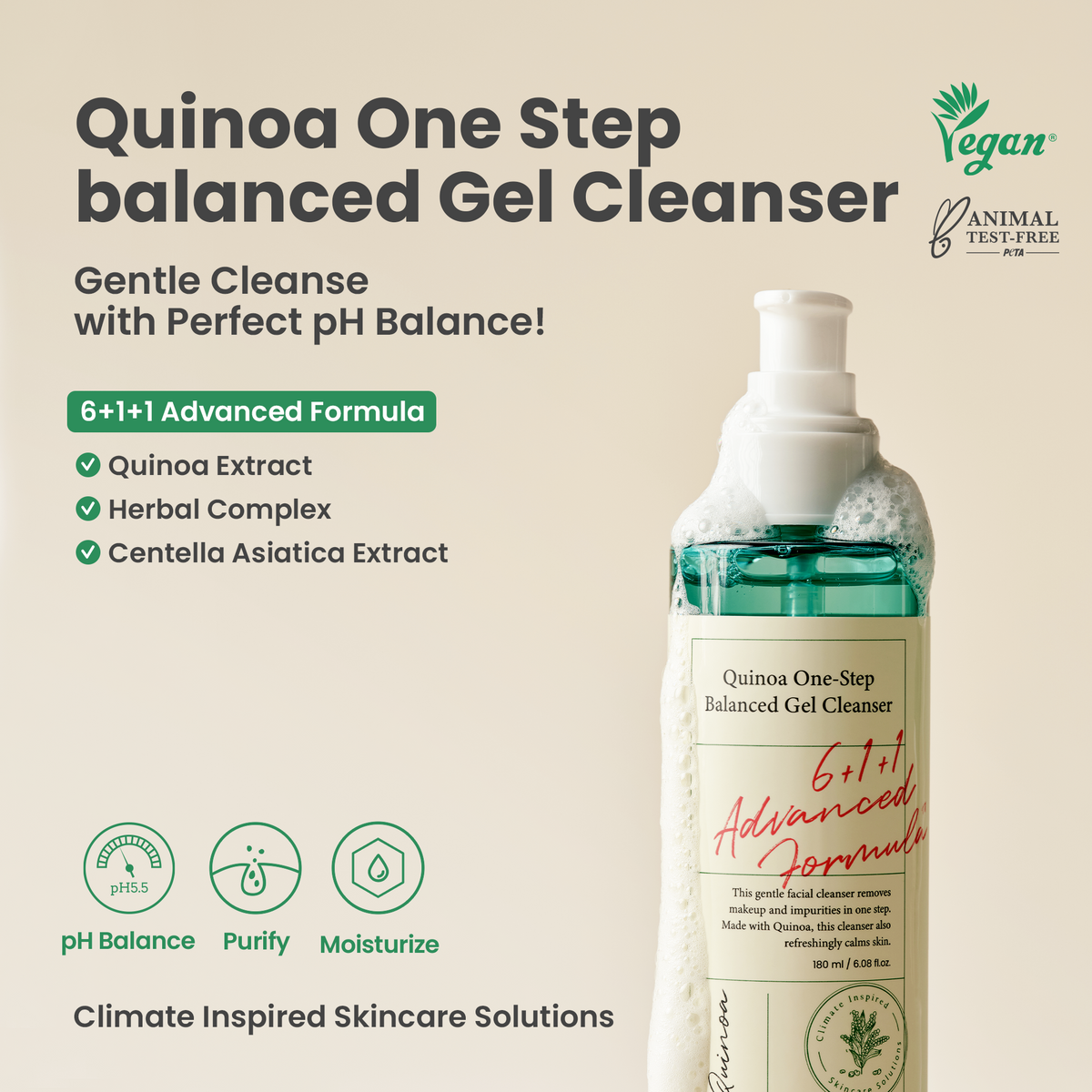 piyonna Quinoa One-Step Balanced Gel Cleanser 180ml Soins visage Démaquillage Mousse nettoyante